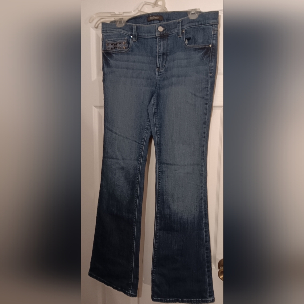 WHITE HOUSE BLACK MARKET BLUE EMBELLISHED  FLARE JEANS SIZE 12